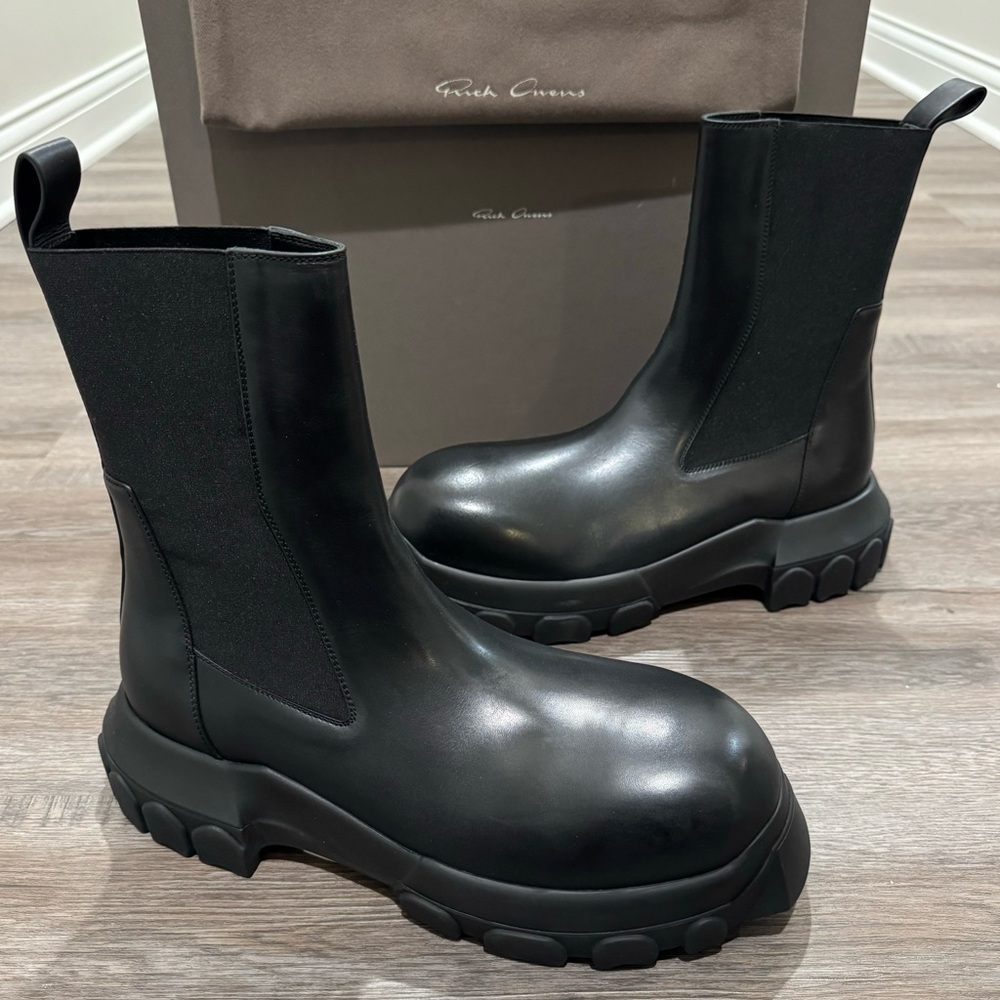 Rick Owens Beatle Bozo Tractor Black Leather Chelsea Platform Boots
